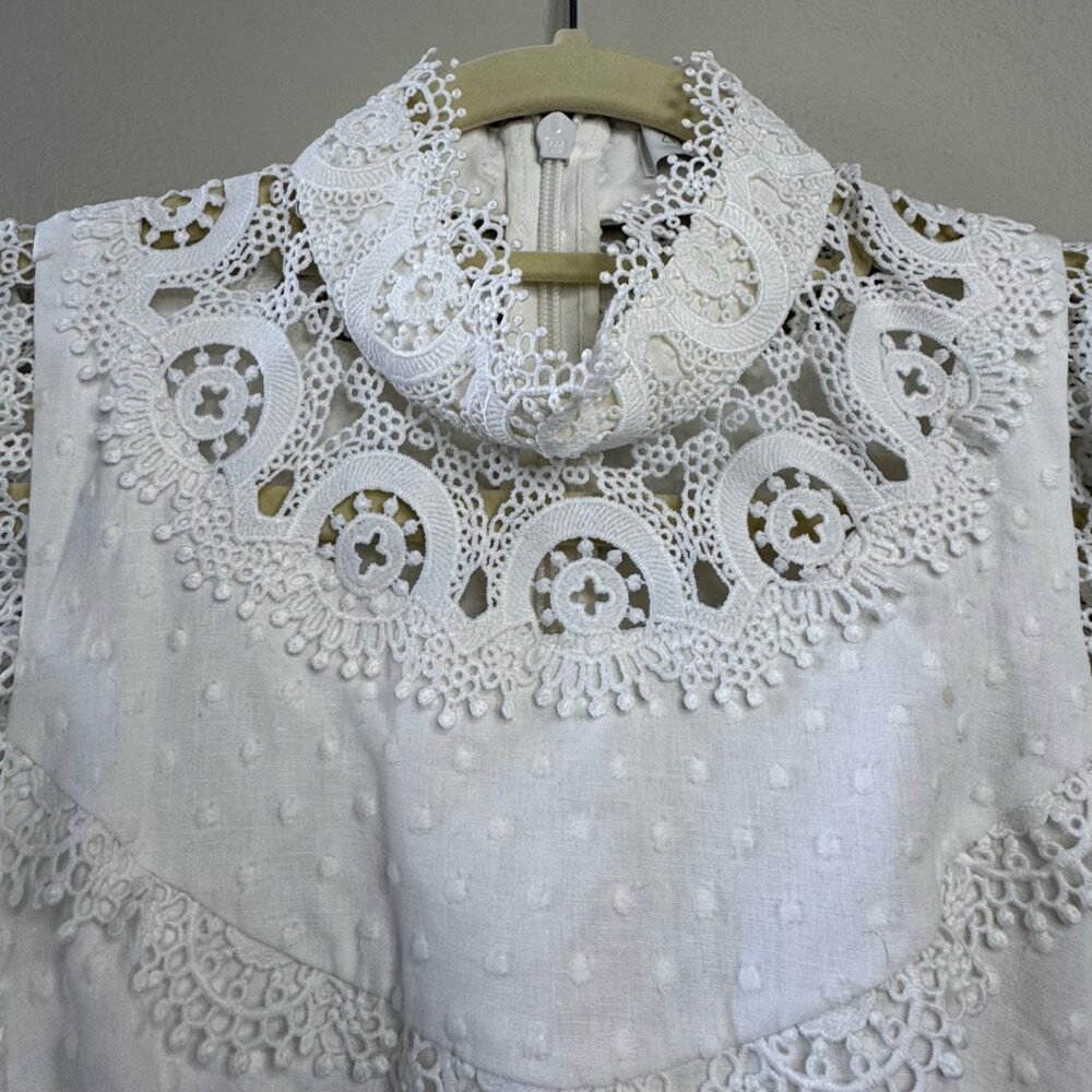 ZIMMERMANN Peggy Embroidered Trim Short Dress Womens 6 White Linen Blend Lace - Picture 13 of 13